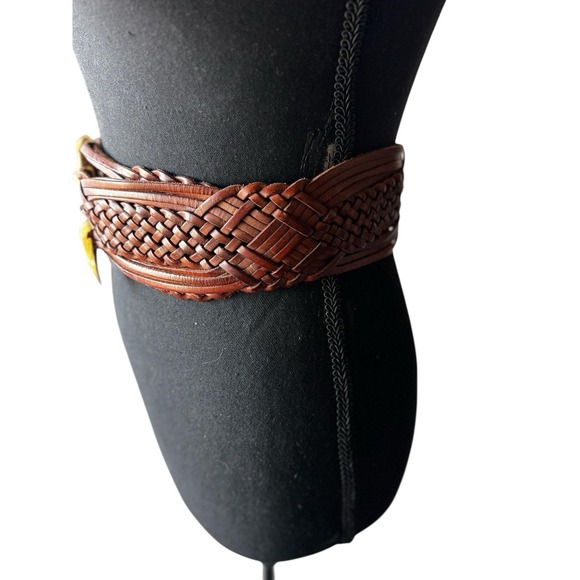 Vintage Brown Woven Leather Belt Gold Sculptural Buckle Wide Boho Unique 36" - Picture 4 of 9
